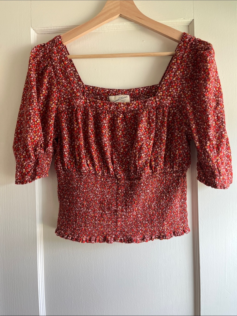 Red Floral Smocked Square-Neck Women's crop Top
